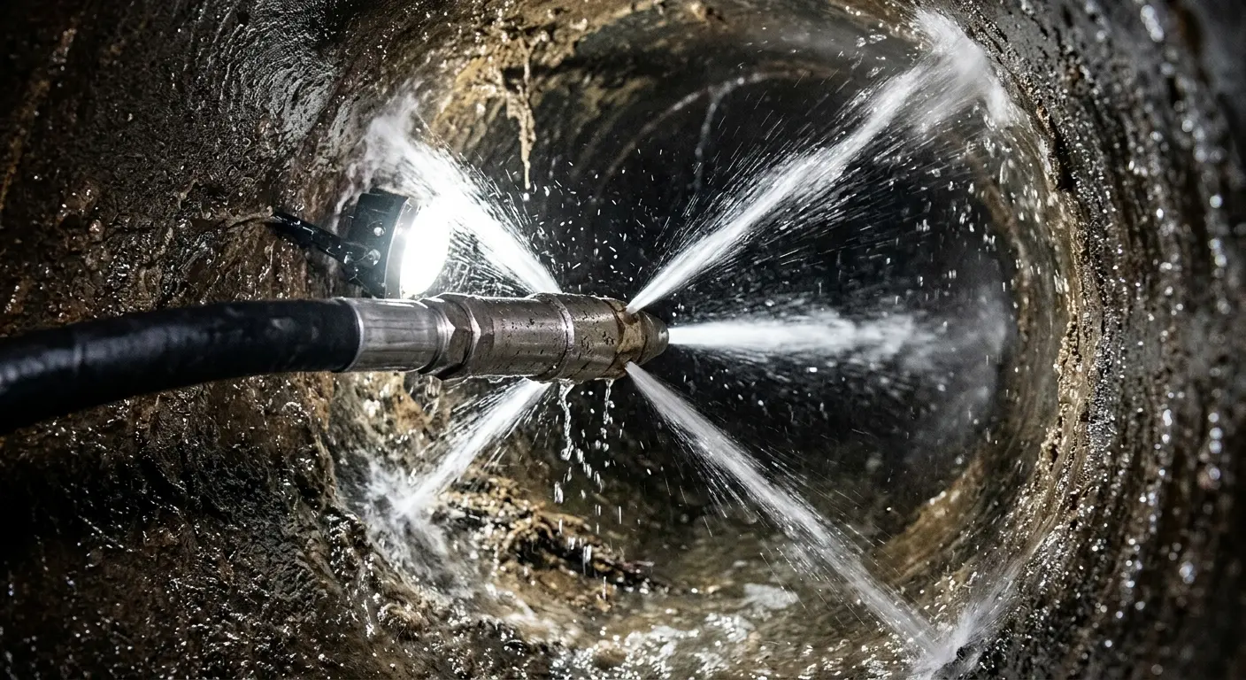 High-pressure hydro jetting nozzle cleaning sewer pipe for Storm Drain Cleaning in South Plainfield