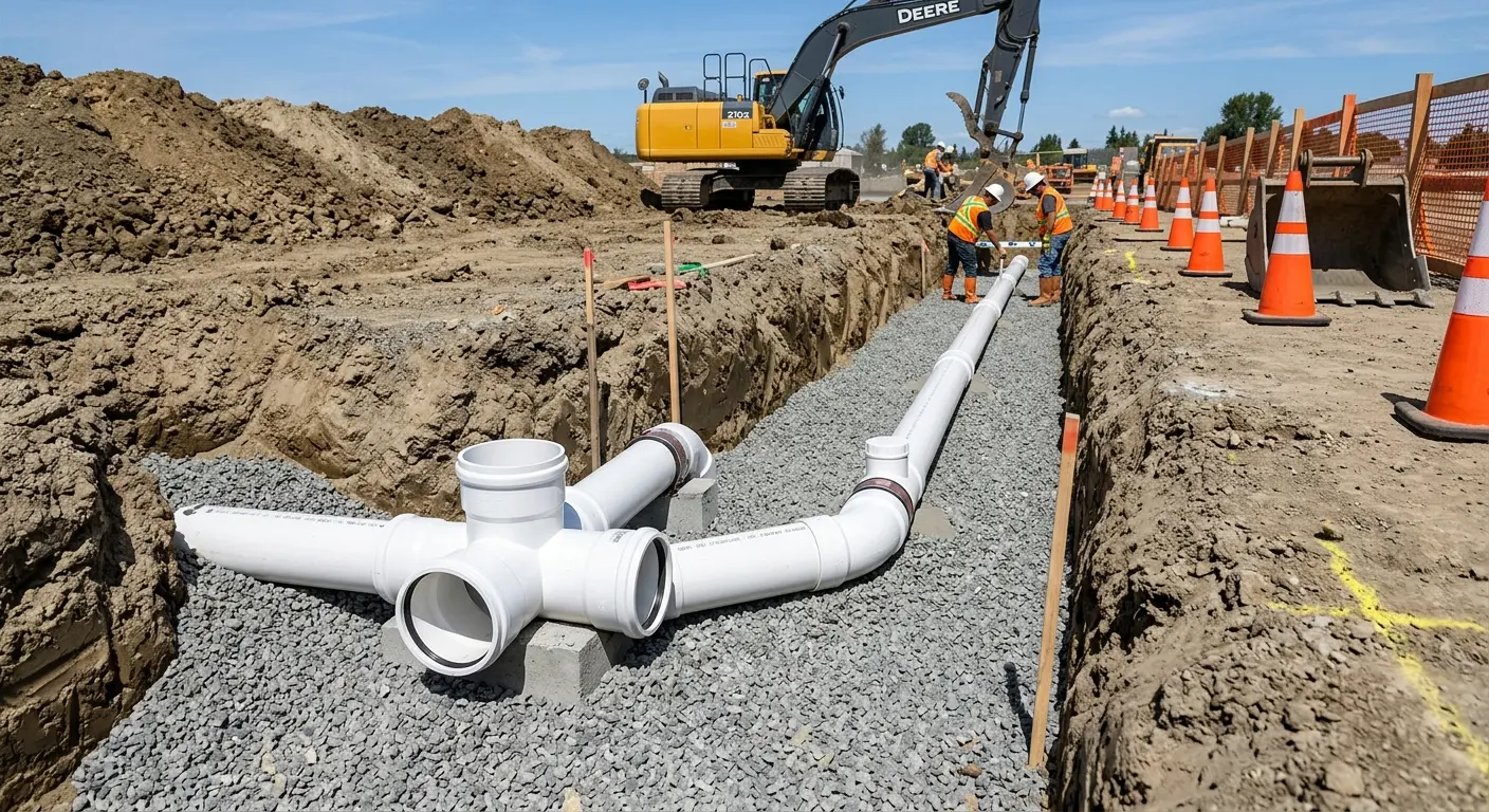 New PVC sewer pipe installation in open trench for Commercial Drain Cleaning in South Plainfield