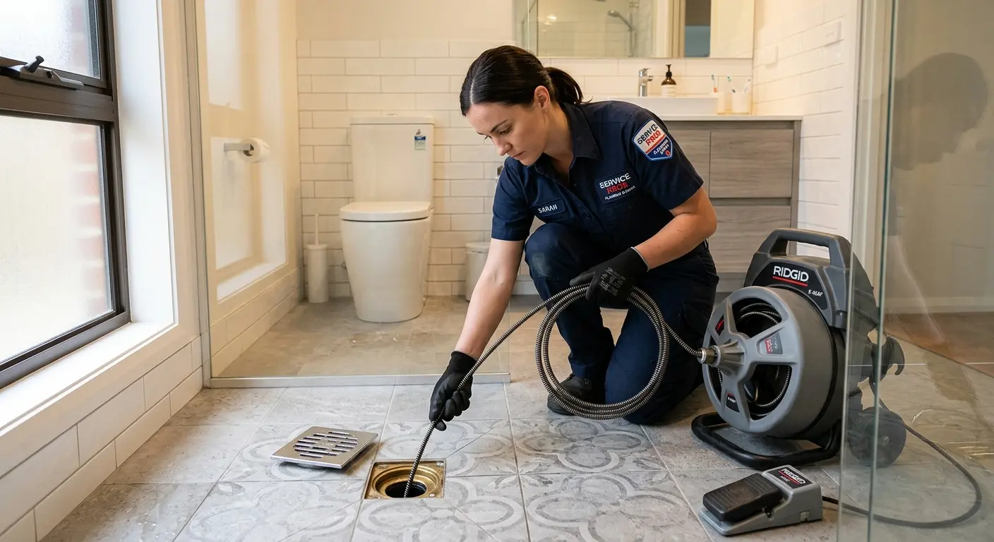 Technician clearing a bathroom floor drain for Sewer Line Replacement in South Plainfield